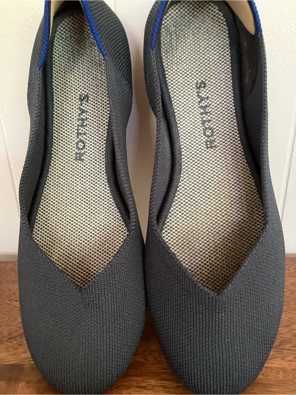 Rothy's Black Pointed Knit Flats with Blue Trim